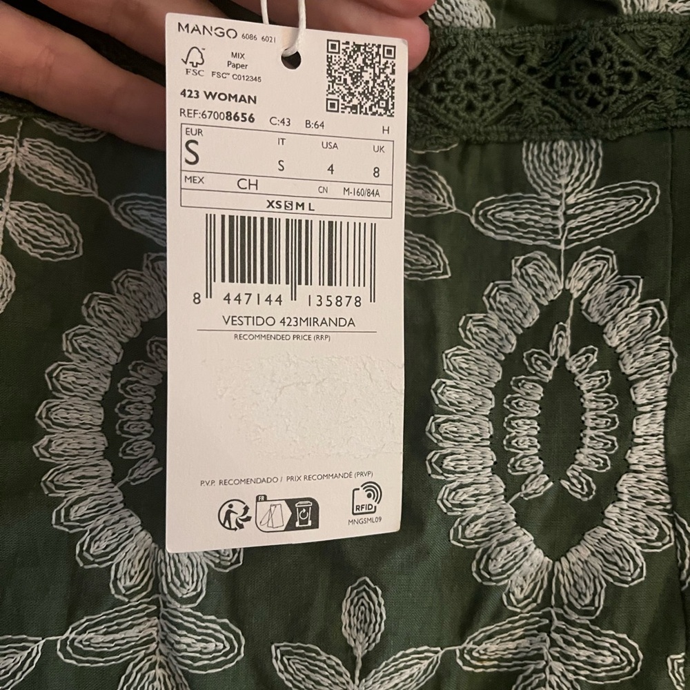 Mango Olive Dress with White Embroidery